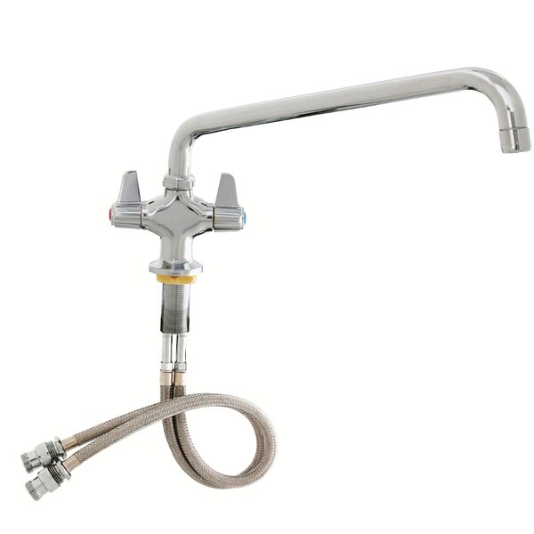 A stainless steel Equip by T&S deck-mount faucet with 18 1/8" swing nozzle and lever handles.