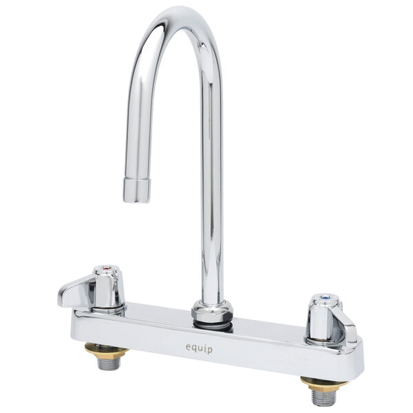 A chrome Equip by T&S deck-mounted workboard faucet with two lever handles.