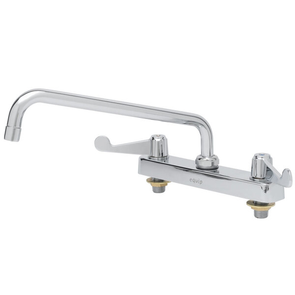 A chrome Equip by T&S deck-mount faucet with wrist handles and a swing spout.