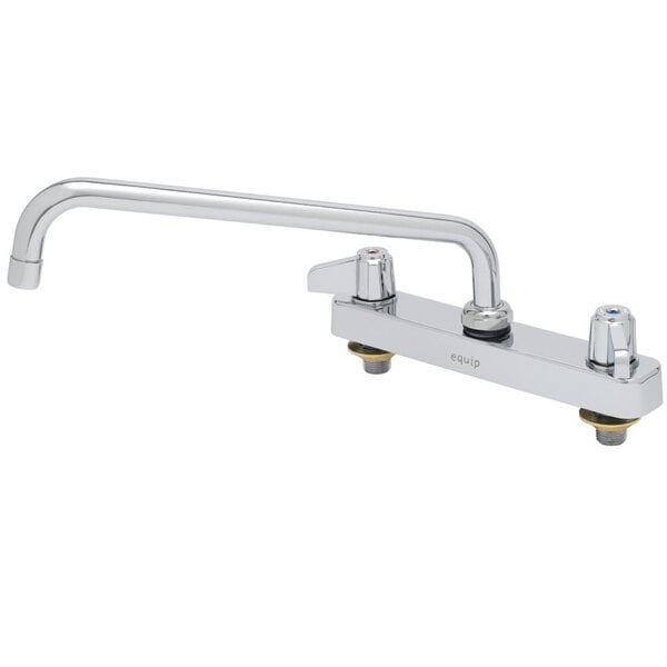 A silver Equip by T&S deck-mounted faucet with lever handles and a swing spout.
