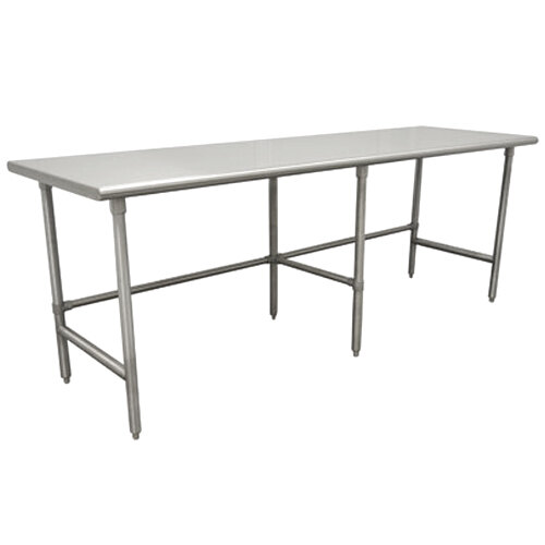 A long stainless steel rectangular work table with galvanized steel legs.