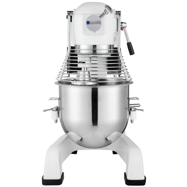 A Eurodib commercial stand mixer with a white base and silver accents.