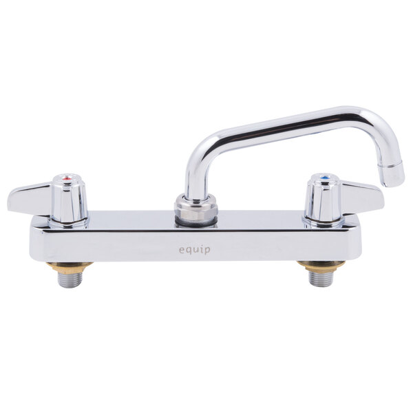 A chrome Equip by T&amp;S deck-mounted faucet with metal lever handles.