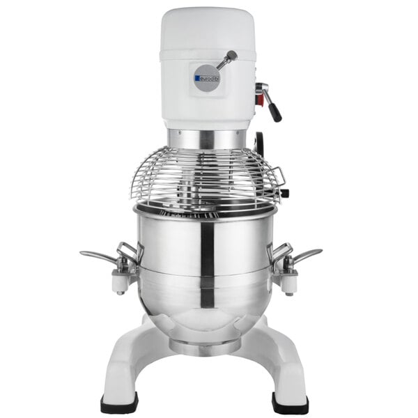 A white and silver Eurodib commercial planetary mixer with a metal stand.