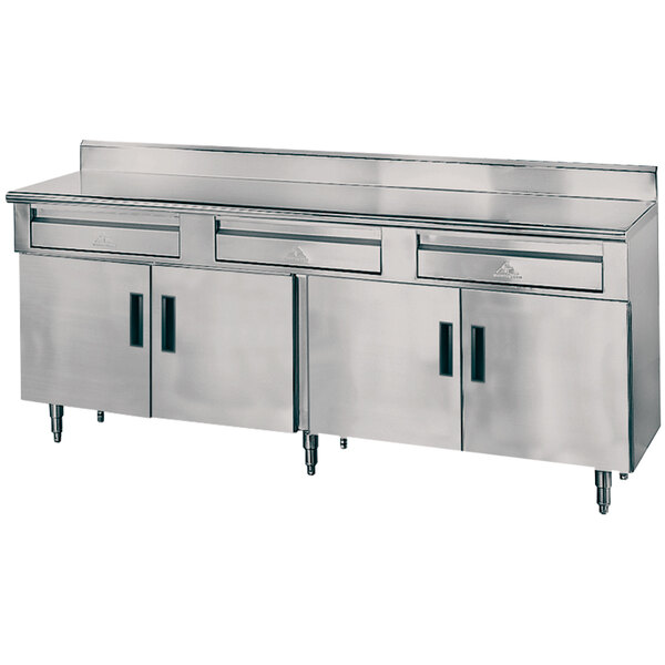 A stainless steel kitchen counter with drawers.