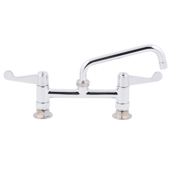 A chrome Equip by T&S deck-mounted faucet with wrist handles and an 8 1/8" swing spout.