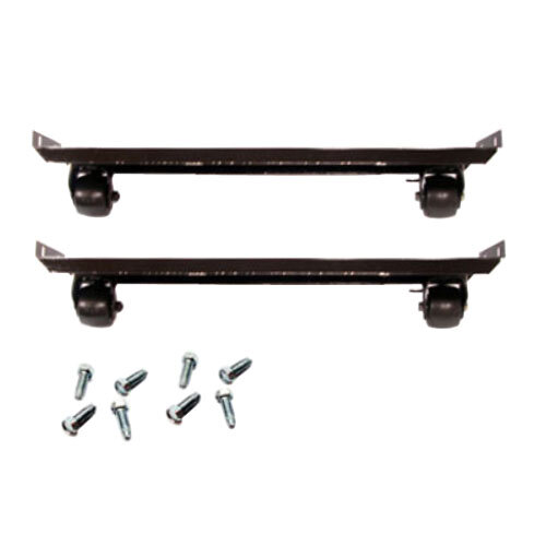 A rectangular black frame with two black metal casters on each end.