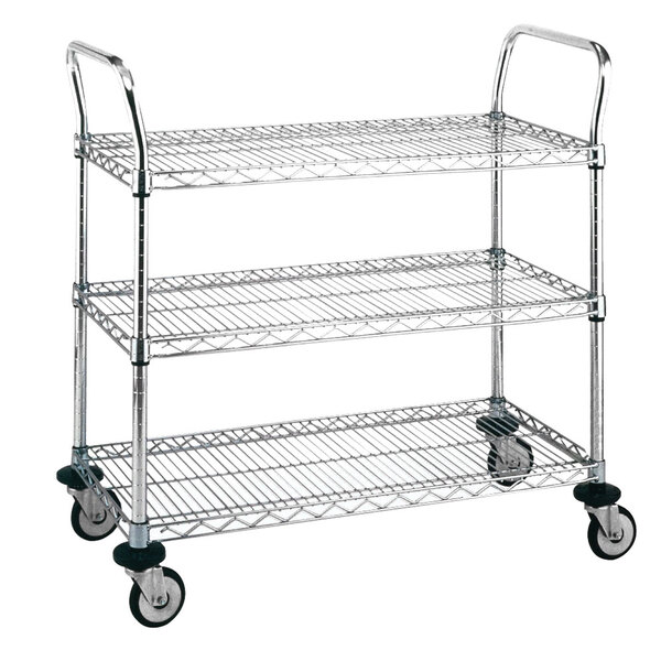 A chrome three-tiered Metro utility cart with wheels.