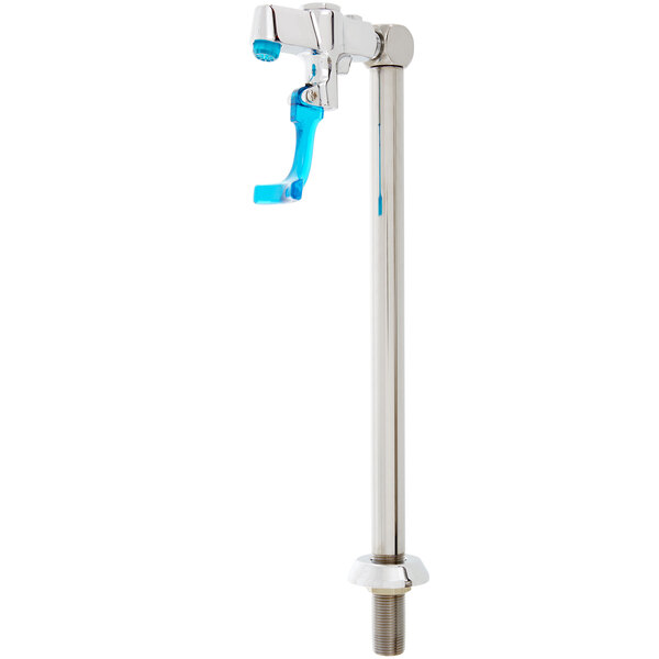 A silver and blue Equip by T&S deck mount push back glass filler pedestal.