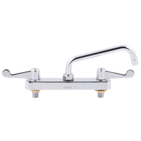 A chrome Equip by T&amp;S deck-mounted faucet with wrist handles and an 8 1/8" swing spout.