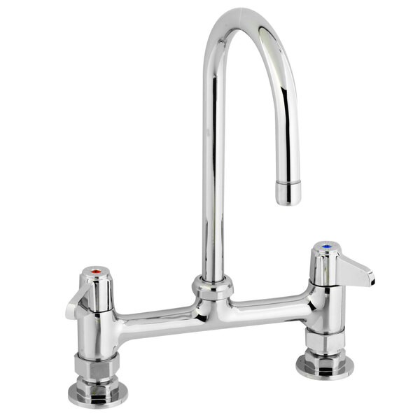 A chrome Equip by T&S deck-mounted faucet with two gooseneck spouts and lever handles.