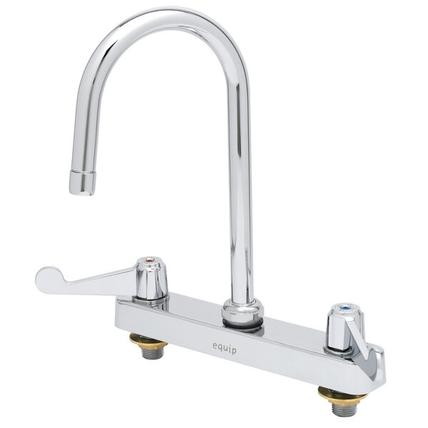 A chrome Equip by T&S deck-mounted faucet with two wrist handles and a gooseneck spout on a counter.