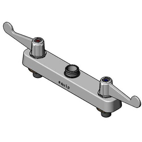 A grey Equip by T&S deck mount faucet base with 8" centers and 4" wrist action handle holes.