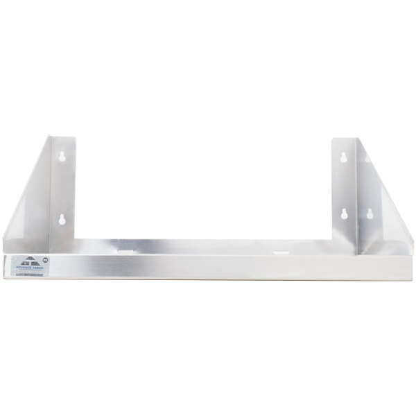 A stainless steel wall mount shelf with two holes.