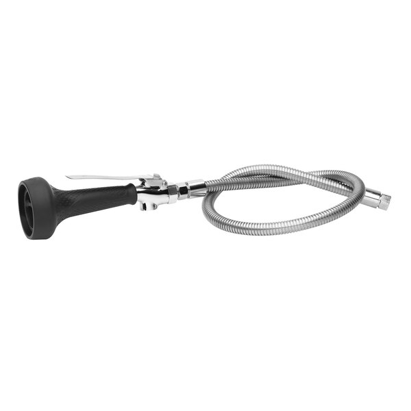 A black and silver metal hose with a T&S metal handle attached.