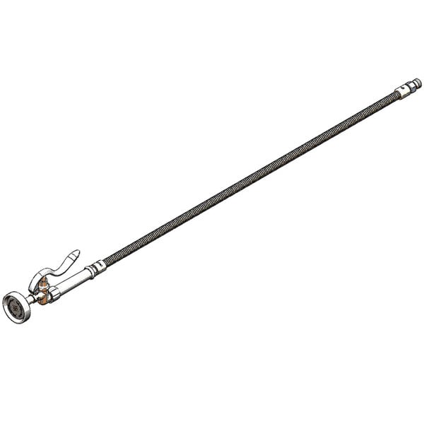 A T&S pre-rinse spray valve with a long metal rod, handle, and hose.
