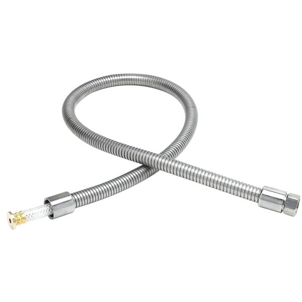 A T&S stainless steel flexible hose with metal nuts.
