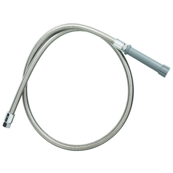 A close-up of a T&S stainless steel flexible hose with a gray handle and polyurethane liner.