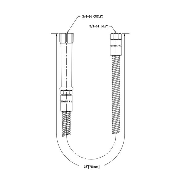 A drawing of a stainless steel flex hose with a handle and polyurethane liner.