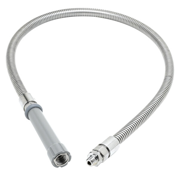 A T&S stainless steel flexible hose with a plastic tube.
