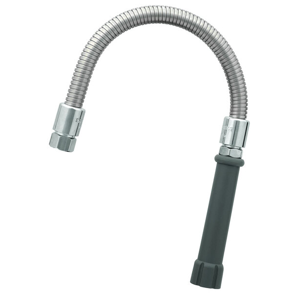 A T&S stainless steel flexible metal hose with a black handle.