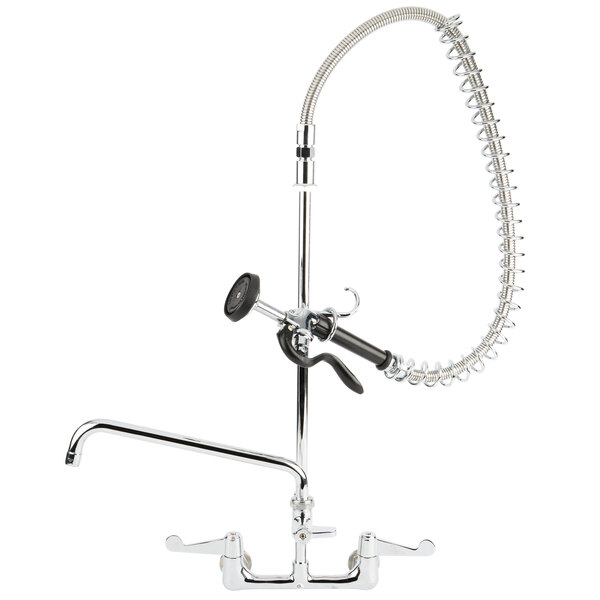 A chrome Equip by T&amp;S pre-rinse faucet with a curved hose.