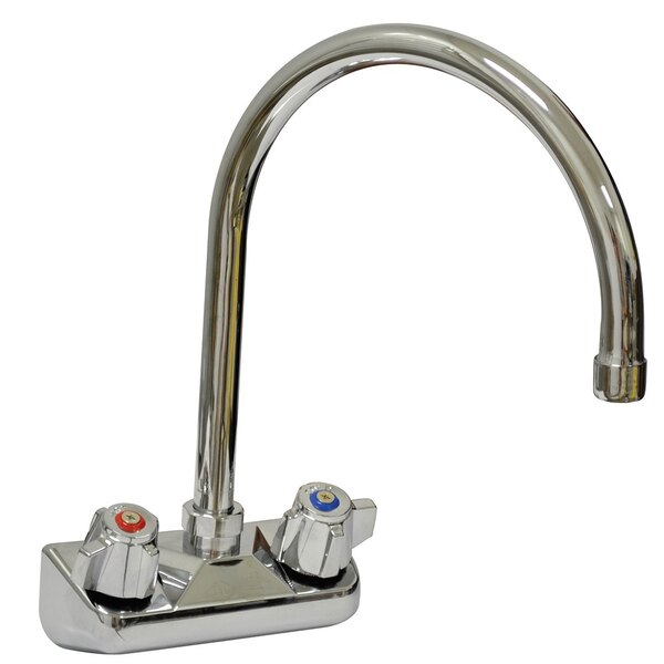 A chrome Advance Tabco wall mount faucet with knobs.