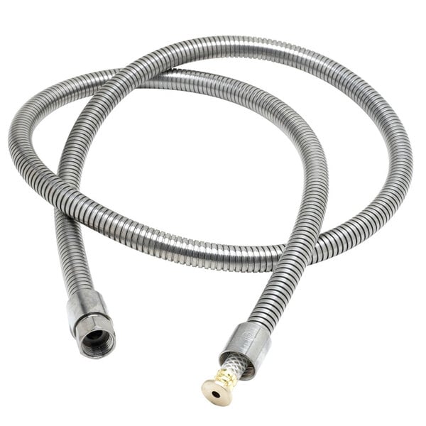 A T&S stainless steel flexible hose with metal connectors.