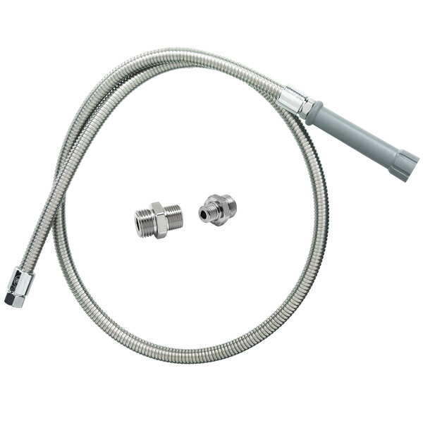 A T&S stainless steel flex hose assembly with adapters.