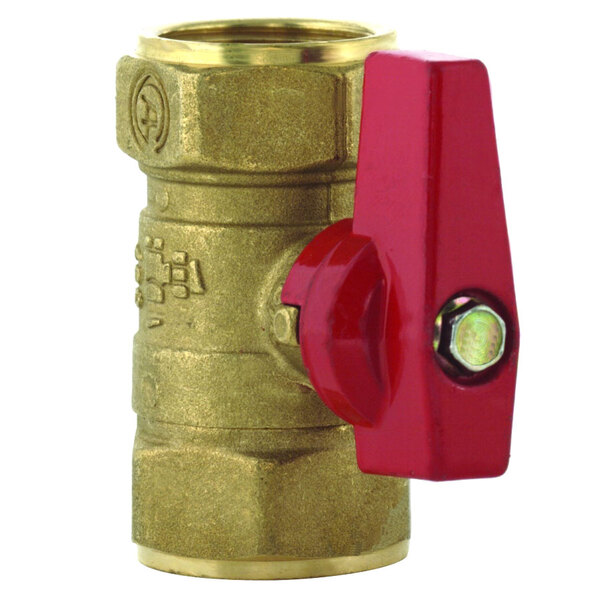 A brass T&S ball valve with a red handle.
