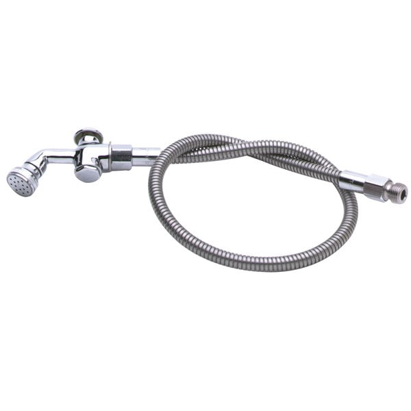 A T&S stainless steel pre-rinse spray valve hose with rosespray head.