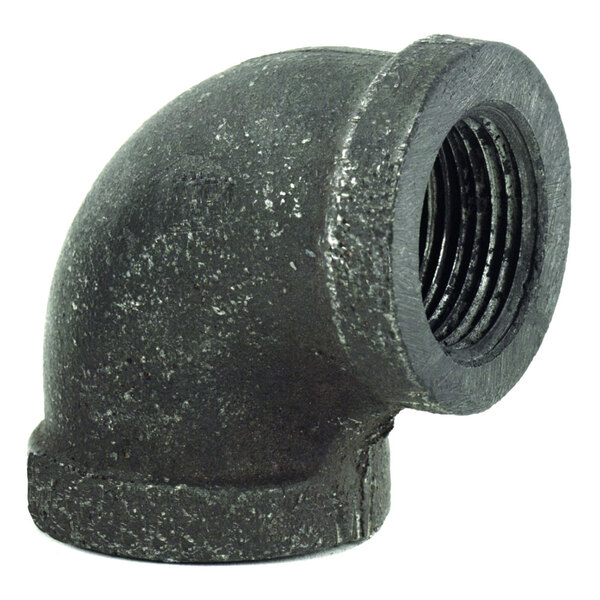 A black T&S elbow pipe fitting with a nut on it.