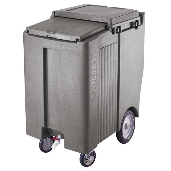 A granite grey Cambro mobile ice bin with wheels.