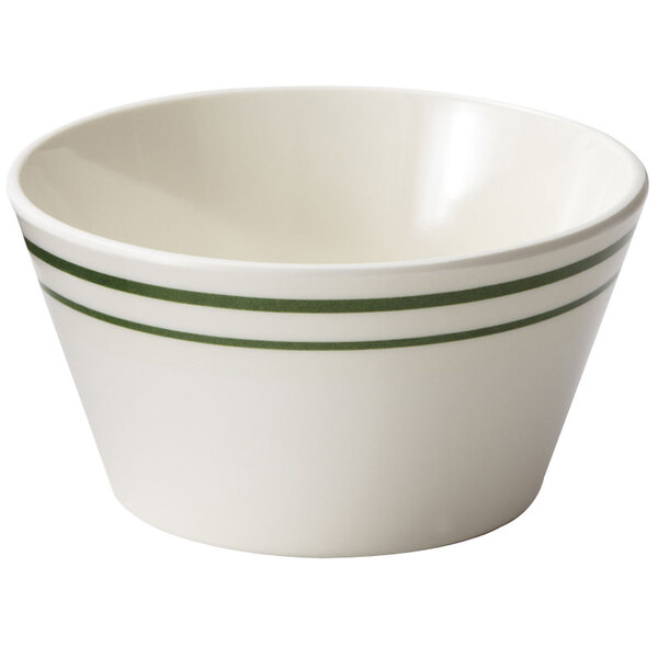 A white melamine bowl with green stripes.