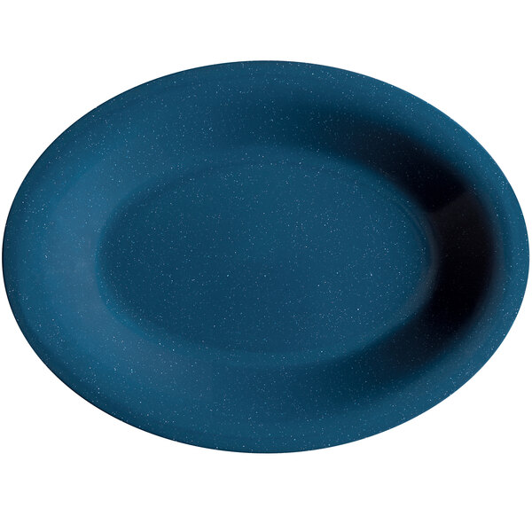 A blue oval GET Texas platter with a speckled surface.