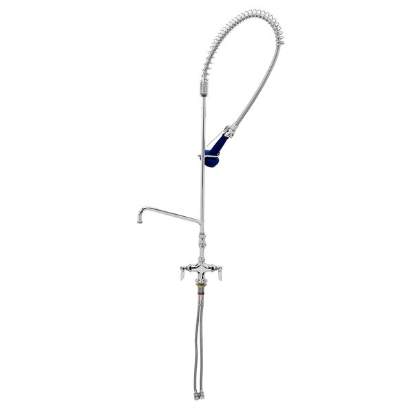 A silver T&S pre-rinse faucet with flex inlets and a blue hose.