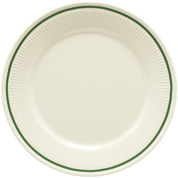 A white GET Kingston melamine plate with green trim.