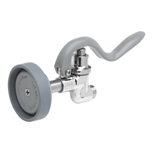 A T&S silver and grey pre-rinse spray valve with a circular handle.