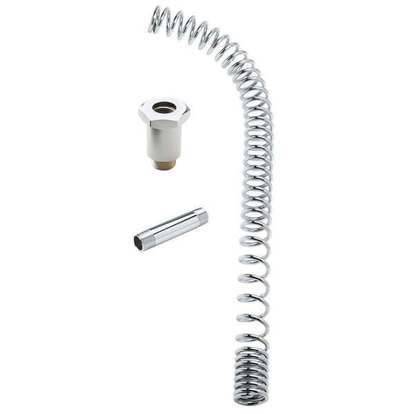 A T&S B-0113-K pre-rinse faucet spare parts kit with a metal spring, screw, and silver pipe.