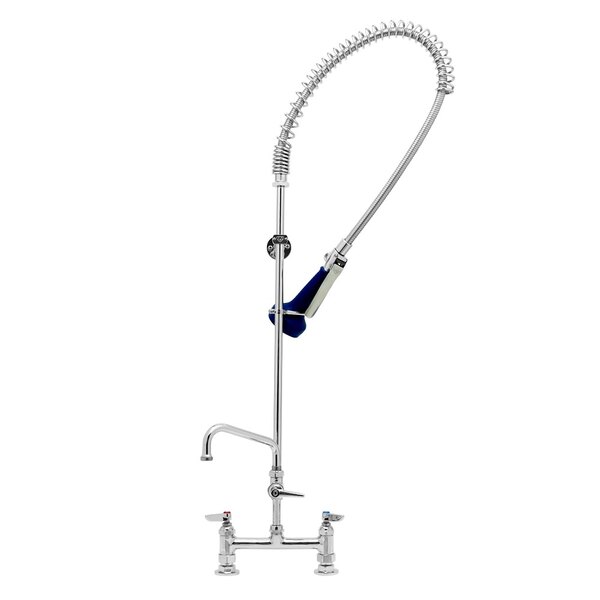 A chrome T&S pre-rinse faucet with blue accents and a hose.
