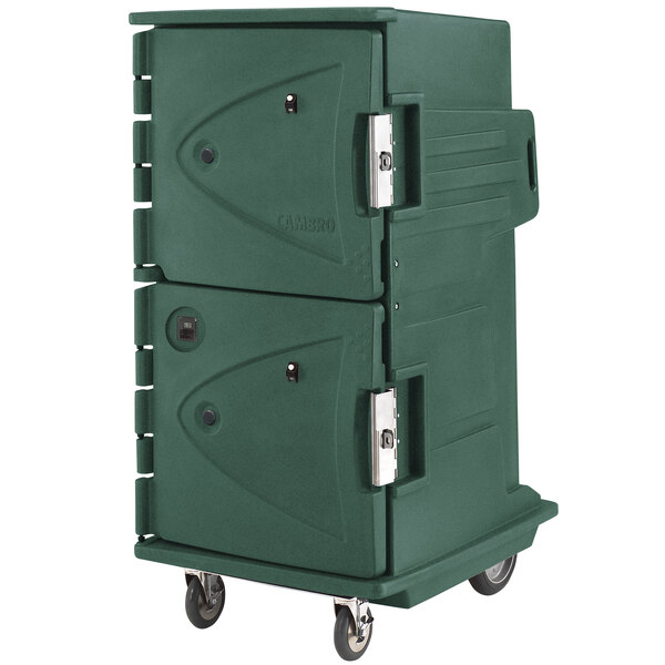A green plastic Cambro hot food holding cabinet with metal hinges on wheels.