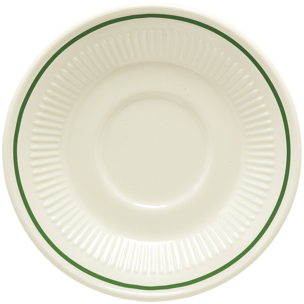 A white GET Kingston saucer with green lines on it.
