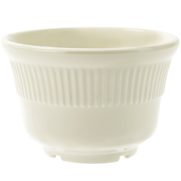 A white melamine bowl with a ribbed rim.