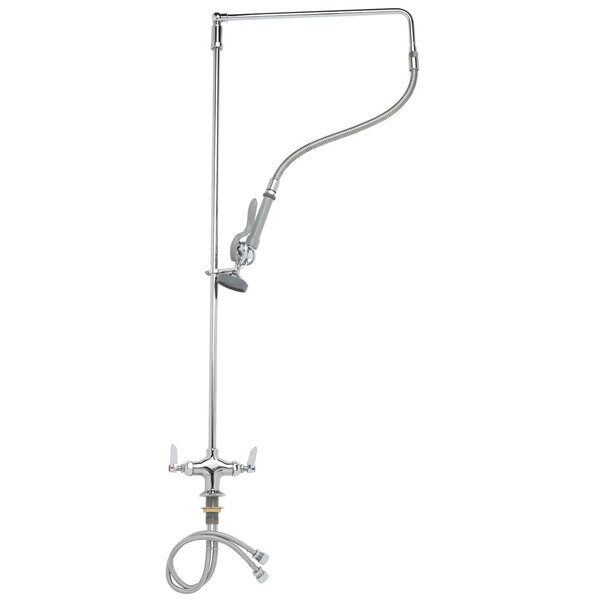A T&S pre-rinse faucet with a swivel arm and hose.
