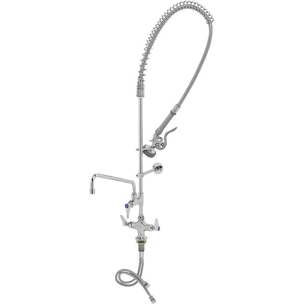 A stainless steel T&S pre-rinse faucet with a hose and sprayer.