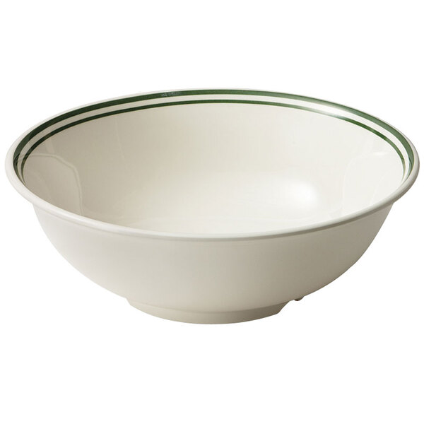 A white melamine bowl with green stripes on it.