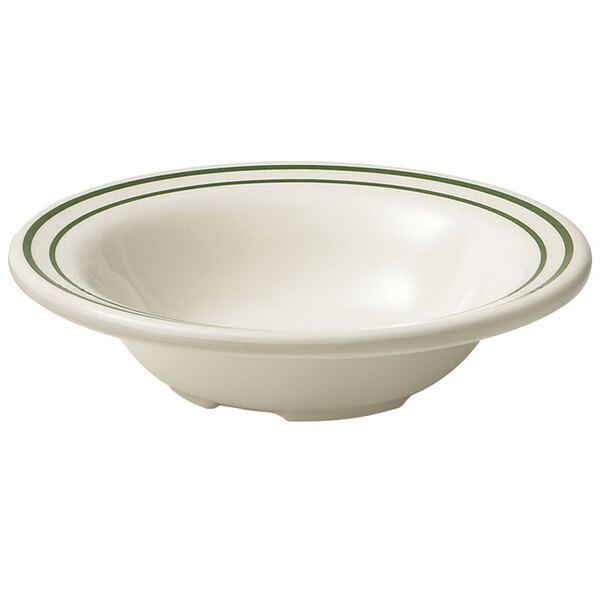 A white melamine bowl with green stripes.