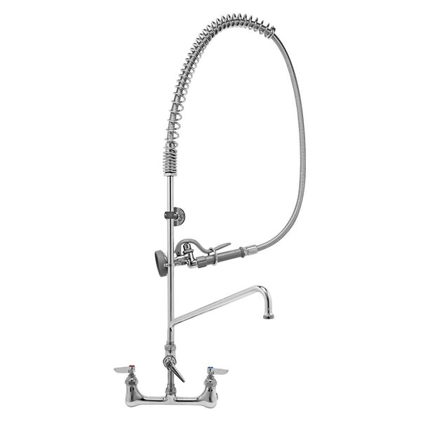 A T&S chrome wall-mounted pre-rinse faucet with a curved hose.
