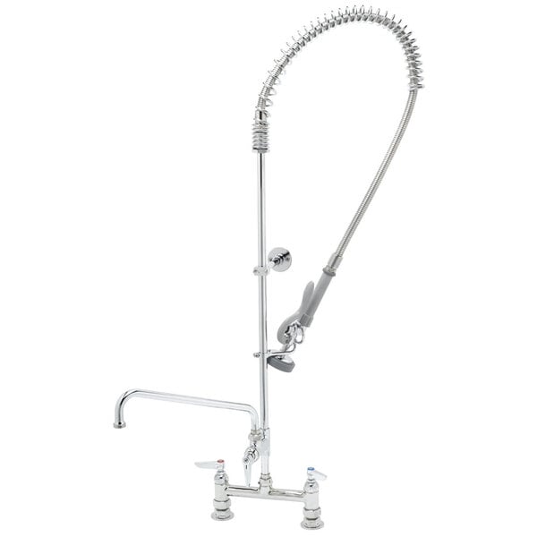 A T&S chrome deck mounted pre-rinse faucet with a curved hose.