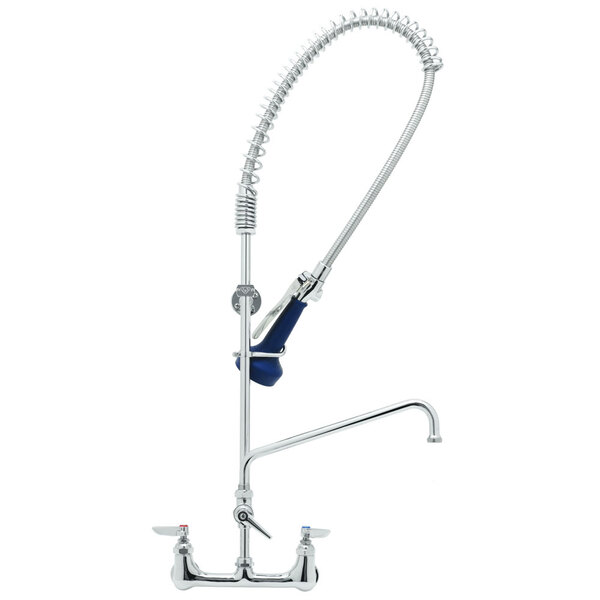A T&S chrome pre-rinse faucet with a blue ergonomic spray valve and flexible hose.